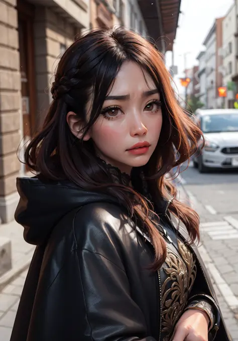 beautiful, masterpiece, best quality, hiqcgbody, anime, 1girl, sam yang, hooded cloak, curved dagger, mascara, frown, cross, auburn french braid, portrait shot, looking at viewer, glossy lipstick, outdoors, intricate details,<lora:hipoly3DModelLora_v10:0.5...