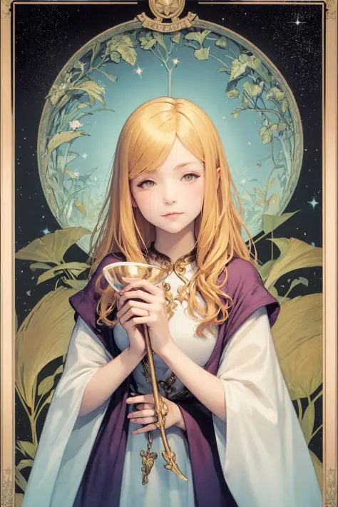 young girl holding chalice full of stars, glow, magic, gold hair, glitter, art nouveau,
best quality, detailed, tarot,