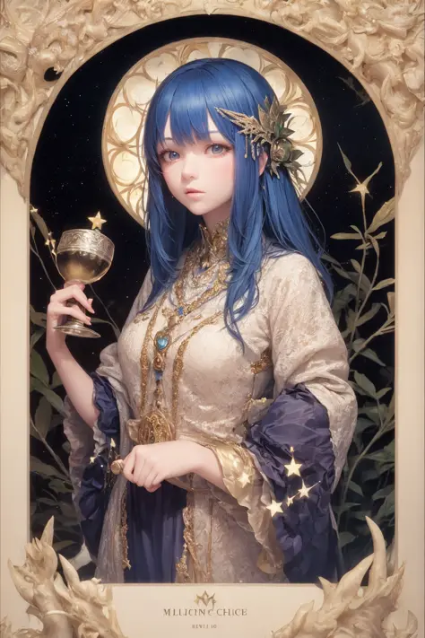 young girl holding chalice of stars, glow, magic, blue hair, molten, art nouveau,
best quality, detailed, tarot,