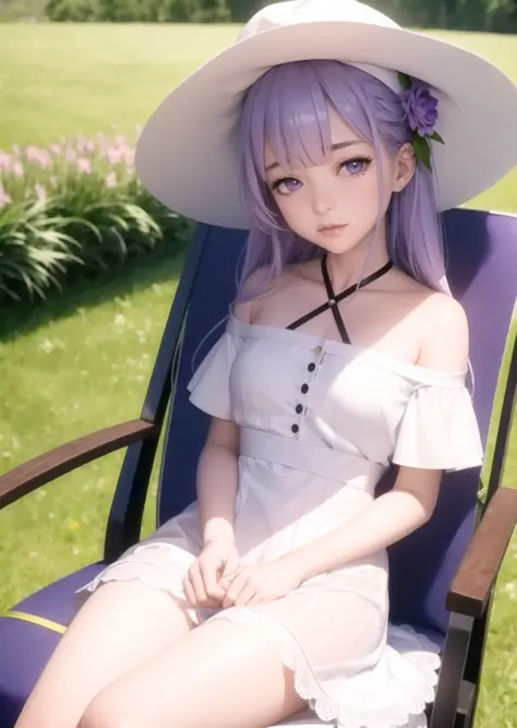 (extremely detailed CG unity 8k), a girl sitting in a chair with flowers and lavender field in the background, small breast, thin thighs, white dress, white hat, purple hair, bare legs, impressionism