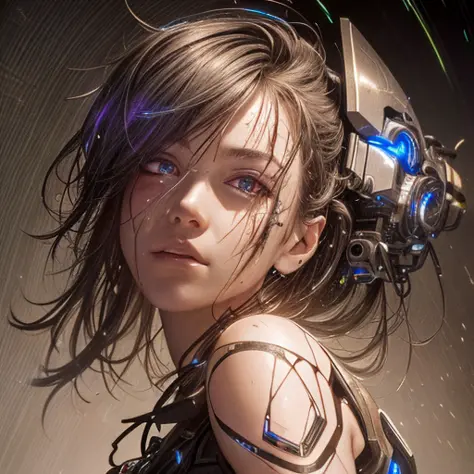 a cyborg robot, lights, scars, refractions, posing, ultradetailed, HD, 8K, highlights, good lighting, the most amazing effect, sci-fi,((art by carne griffiths and sean yoro))