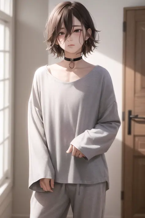 absurdres, masterpiece, full-face blush, glowing eyes, oversized clothes, loose clothes, androgynous, ambiguous gender, solo, collarbone, natural makeup, toned, choker, very short hair, (light smile:0.1), [1boy::0.2], tall, messy hair, pajamas, sleepy,