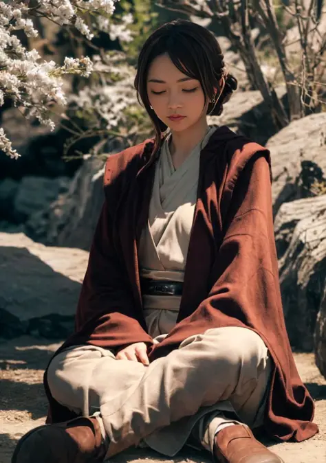 (Jedi meditation:1.3), serene photo,1girl, Jedi master in deep meditation,  in jedioutfit, sitting cross-legged,  (desert oasis:1.1), surrounded by blooming desert flowers, harmonizing with the Force, spiritual retreat, transcendent tranquility, desert enlightenment,  Absurdres, hdr, ultra detailed illustration, extremely detailed face, RAW photo, film grain, skin pores, trending on deviantart <lora:jedioutfit:1> <lora:epiNoiseoffset_v2:1>