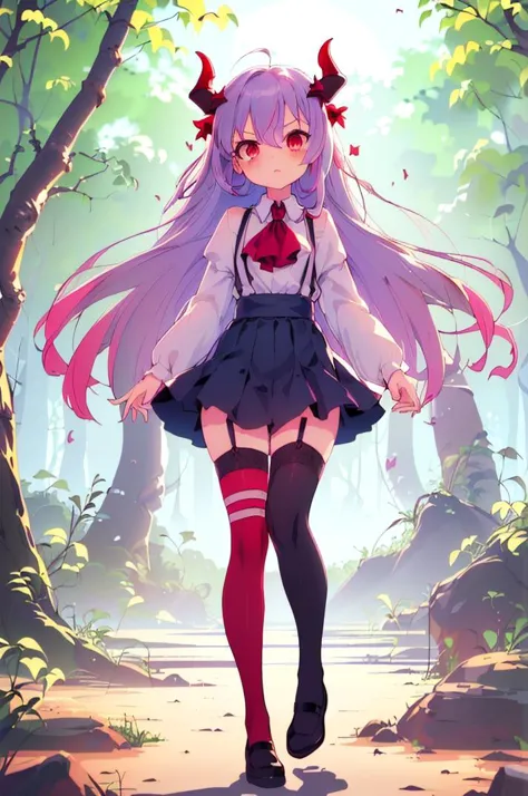 a girl in a short skirt and stockings walking through a forest