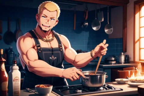 anime character cooking in a kitchen with a large pot of food