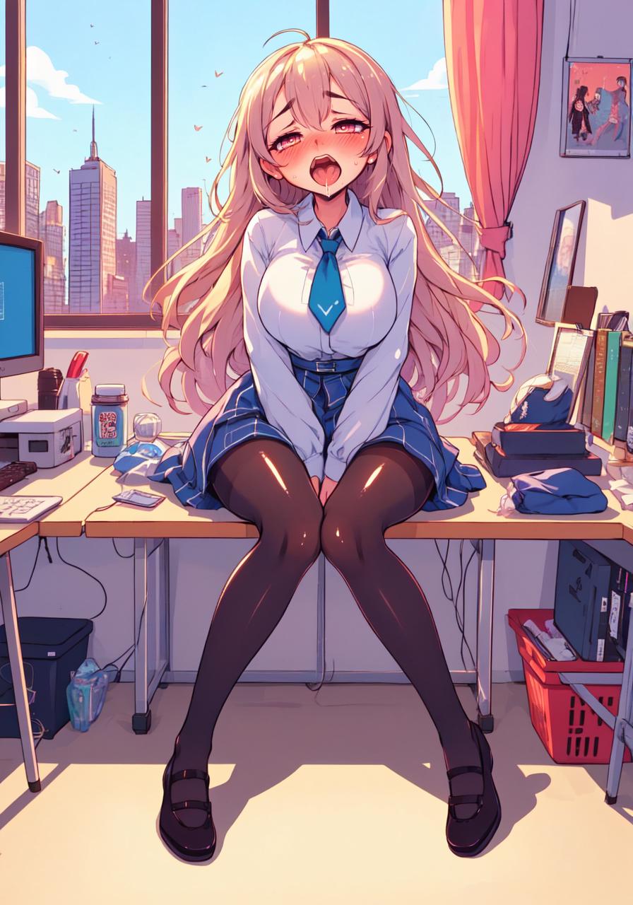 Anime girl sitting on a desk with a computer and a city view - SeaArt AI