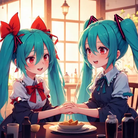 multiple girls, 2girls, touhou, hatsune miku, open mouth, long hair, red eyes, twintails, blue hair, bow, red bow, holding hands...
