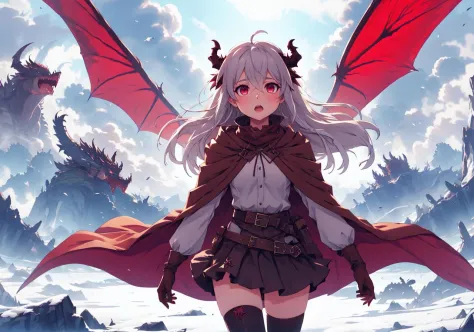 1girl, 1other, dragon, dragon creature, red eyes, gloves, skirt, outdoors, looking at viewer, thighhighs, shirt, hair between ey...