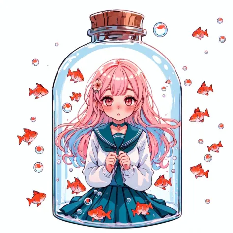 1girl, solo, girl in a bottle, bottle, in container, white background, bubble, hair ornament, school uniform, fish, looking at v...