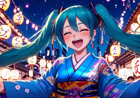 hatsune miku, hair ornament, closed eyes, twintails, japanese clothes, flower, long hair, kimono, hair flower, 1girl, open mouth...