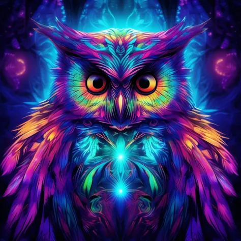 a colorful owl with glowing eyes and a glowing head