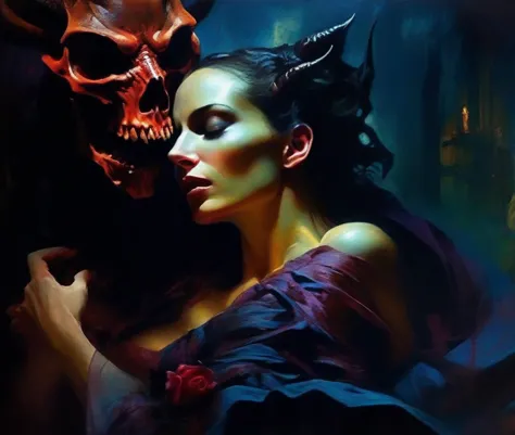 colorful dark theme painting of a horrific setting of a lady in profound slumber arms flung behind her, with a devilish and anim...