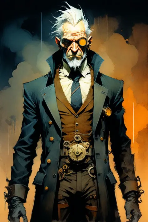 (Android Jones style), (Enki Bilal style:1.333), perfect upper body, (full shot:1.5) steampunk (old man), dark atmosphere, gloom...