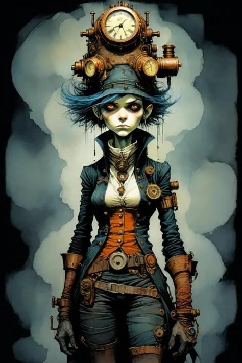 (Android Jones style), (Enki Bilal style:1.333), perfect (full body:1.5) steampunk (funny old lady), dark atmosphere, gloomy ill...
