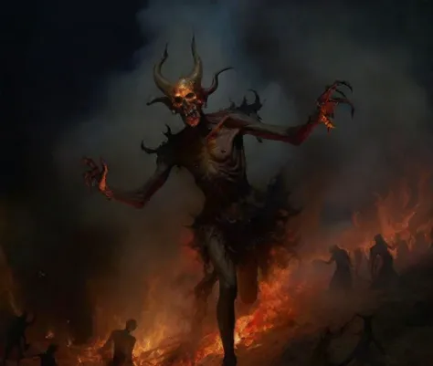 dark theme painting of a horrific setting of demon dancing on the damned as they burn in eternal hell fire in the style of basti...