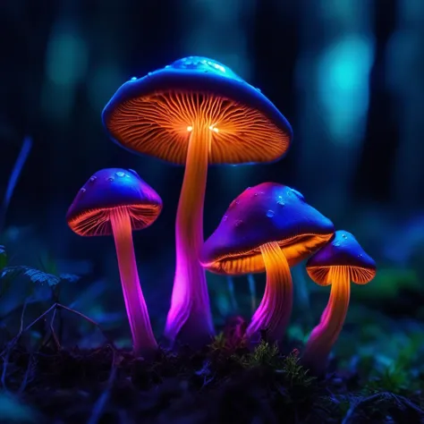 beautiful glowing mushrooms, incredible, bioluminescent, psilocybe cubensis