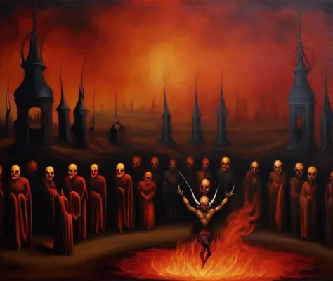 colorful dark theme painting of a horrific setting of a male demon dancing with the damned as they burn in eternal hell fire, hi...