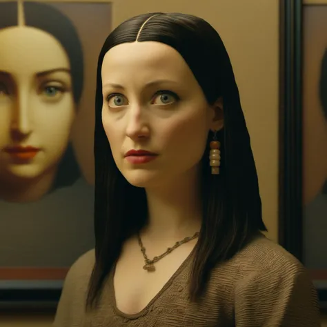 bauhaus, a hyperrealistic movie scene from 2023. A modern Mona Lisa woman looking exactly like the Mona Lisa of the painting. In...