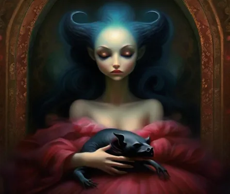 olorful dark theme painting of a horrific setting of a lady in profound slumber her arms placed behind her, with a devilish and ...