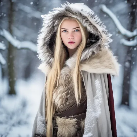 beautiful blonde 18-year-old girl in game of thrones wildling clothes, furred hood up, in the snow

