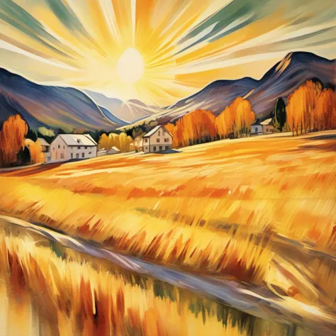 阳光很柔和, 温暖的阳光洒落在一座雄伟的山脉优雅起伏的山坡上. 季节是秋季. 爱德华·蒙克风格.