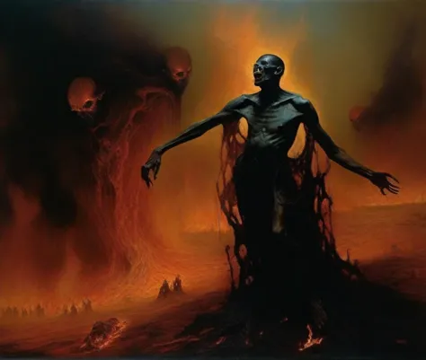 colorful dark theme painting of a horrific setting of a male demon dancing on the damned as they burn in eternal hell fire in th...