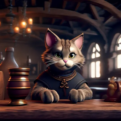 A cute cat character sitting on table in the medieval tavern, detailed and soft look, dynamic pose, closeup, portrait, octane re...