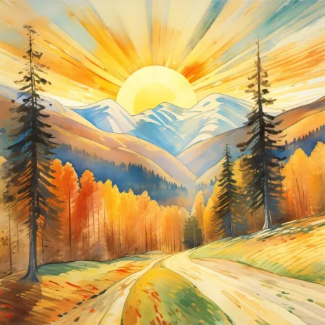 阳光很柔和, 温暖的阳光洒落在一座雄伟的山脉优雅起伏的山坡上. 季节是秋季. 爱德华·蒙克风格.