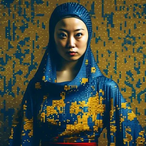 8bit ninja superimposed on a beautifull dress, closeup portrait photography in the style of vermeer and ultra sharp japanese pho...