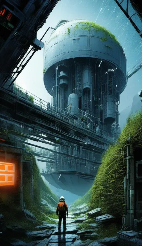 Industrial space base blending the artistic style of Christopher Balaskas and Yuko Shimizu