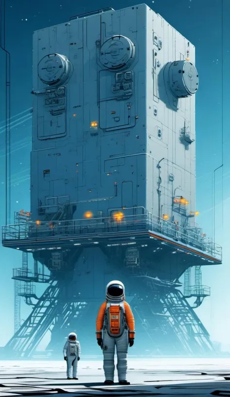 Industrial space base blending the artistic style of Christopher Balaskas and Yuko Shimizu