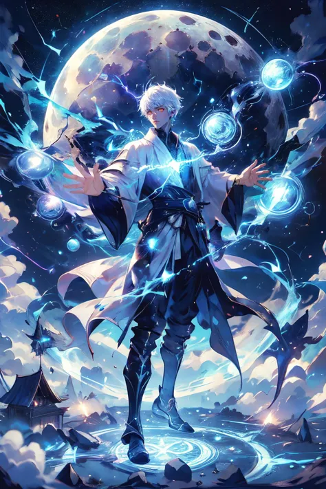 best quality,masterpiece,absurbres,super-resolution,
1boy,magic circle,full body,Short hair,white hair,single focus,front,White robe,glowing blue wings,glowing blue weapons,(moon, starry sky, meteor),thundermagic,excessive energy,charged aura,<lora:ThunderMagic:1>,