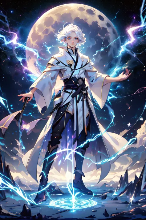 breathtaking, (best quality,masterpiece,absurbres,super-resolution,
1boy,white hair,Short hair,evil smile,magic circle,full body,white robe,(moon, starry sky, meteor),thundermagic,excessive energy,starlight,charged aura,<lora:ThunderMagic:0.8>,dynamic pose,star,lily,style-sylvamagic,:1.1), award-winning, professional, highly detailed