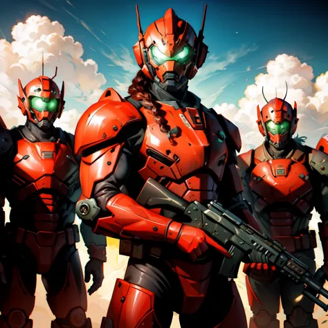 a group of red and black robots standing next to each other