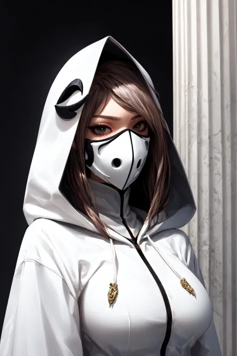 espada, no humans, (black eyes: 1.1), (eyeliner: 1.1), (covered mouth: 1.1), (mask: 1.1), (large breasts: 1.1), hood, upper body, capitol building, solo, <lora:Espada_style-09:1>