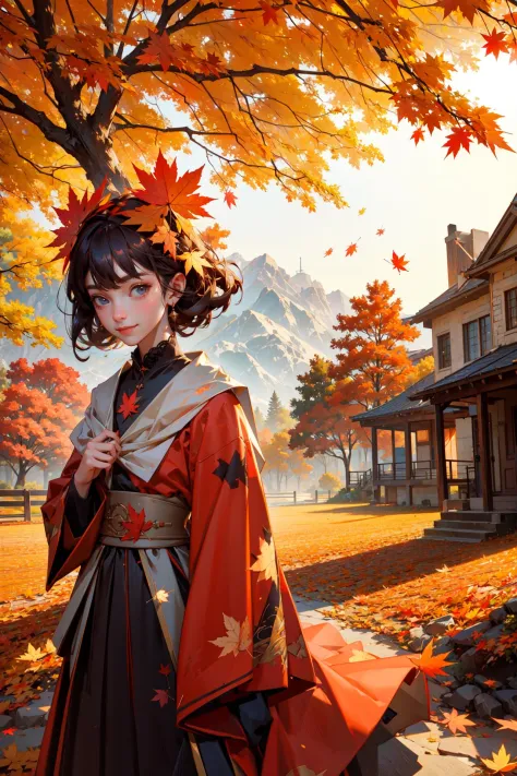 ((best quality, masterpiece, absurbres, super-resolution)), detailed scenery, bursting sun ray, autumn season, maple leaves