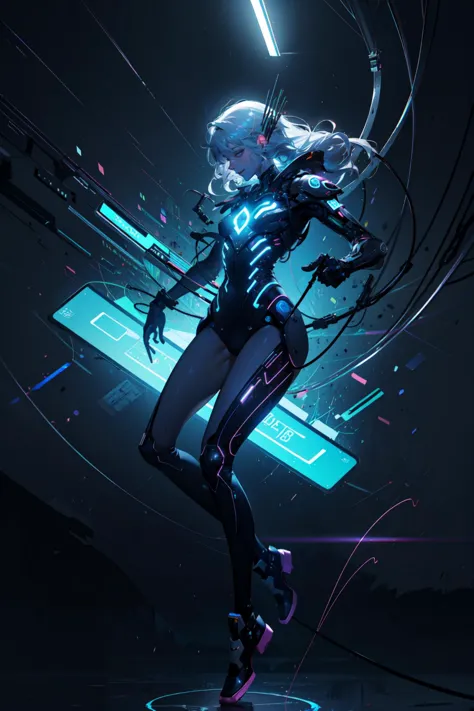 ((best quality, masterpiece, absurbres, super-resolution)), light wave, cyber yellow neon light, dynamic angle, open legs, circuits, wires, full body