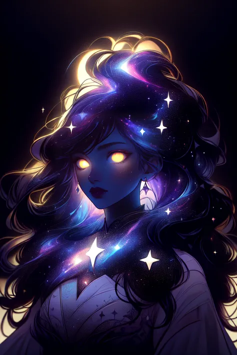 highly detailed,masterpiece,1girl,pale_skin,((cosmic deity)),very long hair,(multicoloured hair, gradient hair, yellow-purple hair:1.2),lipstick,
(heterochromia,sparkling eyes,star pupils,left red eye,right blue eye:1.3),(long galaxy-coloured bouffant dress,bouffant sleeves,star pattern on dress),embroidery,moon,moonlight,(glitter effect:0.7),art by greg rutkowski and artgerm,soft cinematic light,adobe lightroom,photolab,hdr,intricate,highly detailed,(depth of field:1.4),dark celestialskin body,void cosmic body,colored skin,flat color,jet black skin,silhouette,<lora:CelestialSkin-20_1.2+kionantArtistStyle_v10_0.6:1>,