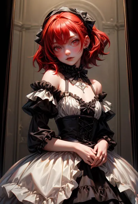 (masterpiece, best quality), 1girl, red hair, medium chest, gothic frill dress, pervert face, <lora:add_detail:1>