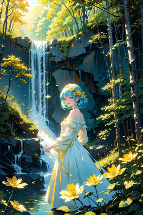 a woman in a white dress standing in front of a waterfall