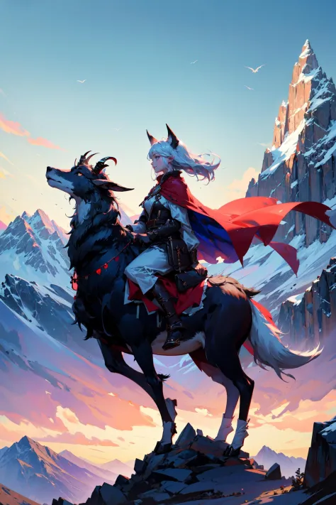 ((best quality, masterpiece, absurbres, super-resolution)), ((Detailed scenery, Mountain Peak)) ,1girl, Goat horns, full body, (colorful:1.1), Cape, Summoning ritual, (Giant wolf), Red