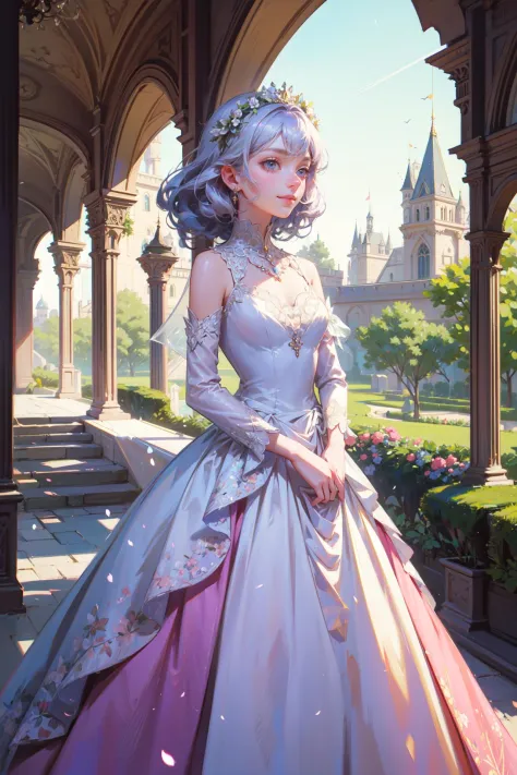 ((best quality, masterpiece, absurbres, super-resolution)) Fairy Tale Castle, Pastel Palette, Enchanted Garden, Princess Gowns, ...