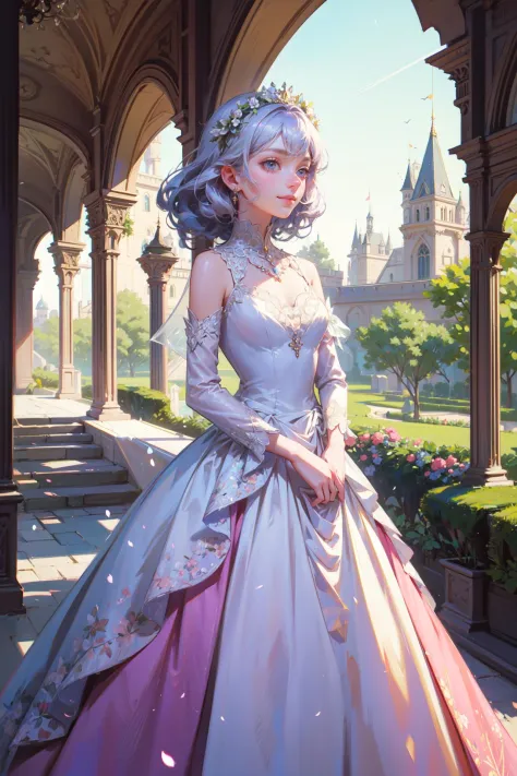 ((best quality, masterpiece, absurbres, super-resolution)) Fairy Tale Castle, Pastel Palette, Enchanted Garden, Princess Gowns, Floral Crowns