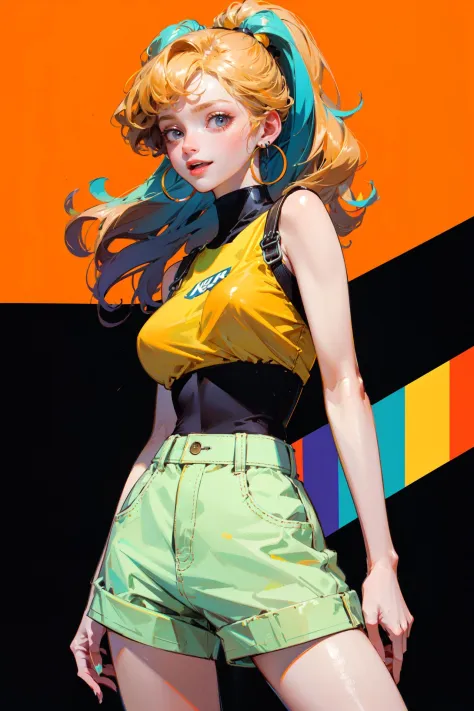 ((best quality, masterpiece, absurbres, super-resolution)) Retro Summer, Vibrant Orange and Yellow, 80s Fashion with Neon Colors and High-waisted Shorts