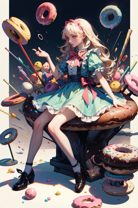 ((best quality, masterpiece, absurbres, super-resolution)) Alice in wonderland, Giant donuts, colorful candies