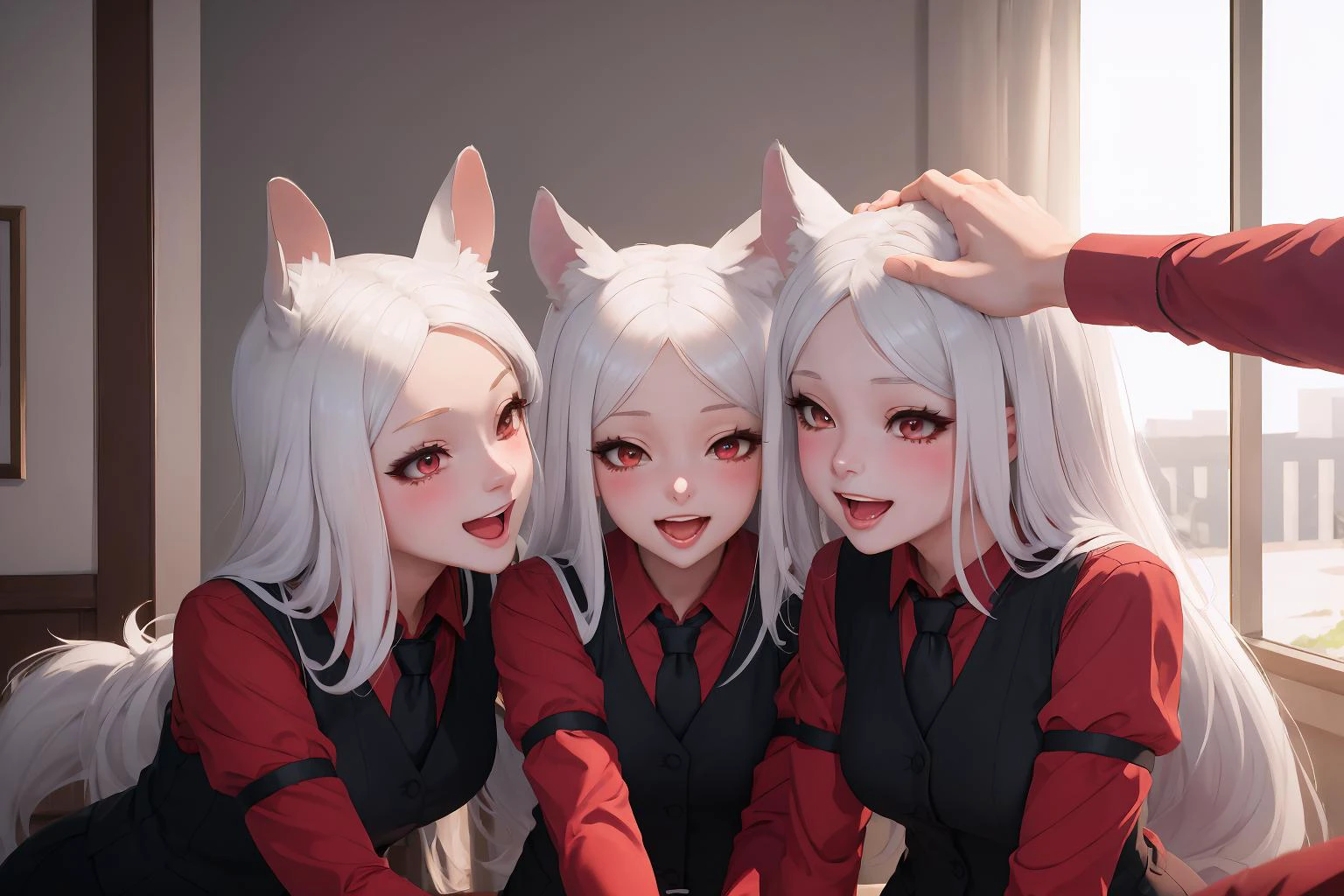 تحفة, أفضل جودة, IncrsHeadpatPOV, headpat, يرمي, htcerberus, صدار, قميص أحمر, ربطة عنق سوداء, الرباط الذراع, سترة سوداء, 3 فتيات, فتيات متعددات, سعيد, يبتسم, احمر خدود, فتح الفم, شعر أبيض, آذان الحيوان