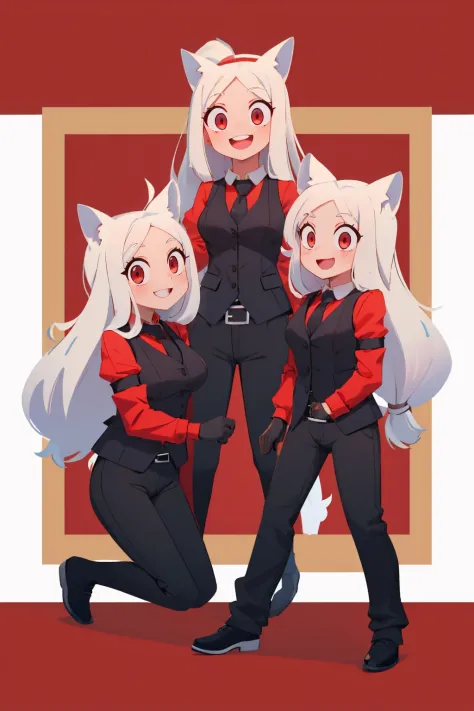 (masterpiece, best quality:1.2), 3girls, htcerberus, happy, smile, looking at viewer, waistcoat, red shirt, black necktie, arm garter, black vest, black gloves, black pants 