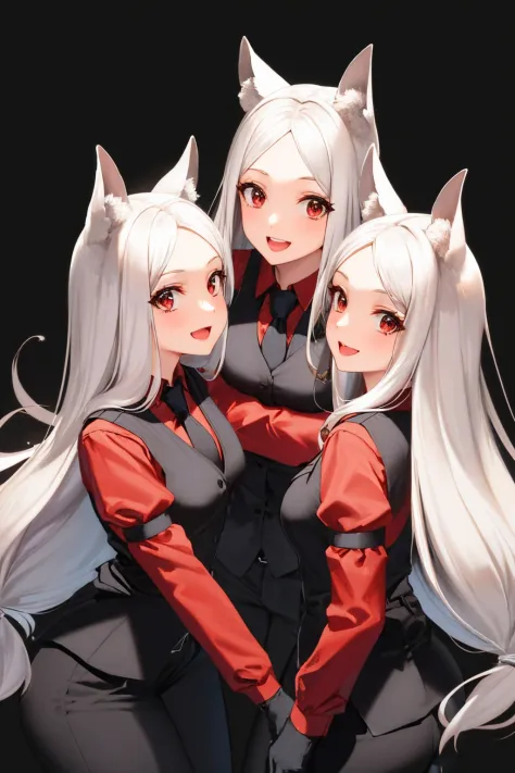 (masterpiece, best quality:1.2), 3girls, htcerberus, smile, open mouth, looking at viewer, waistcoat, red shirt, black necktie, arm garter, black vest, black gloves, black pants 