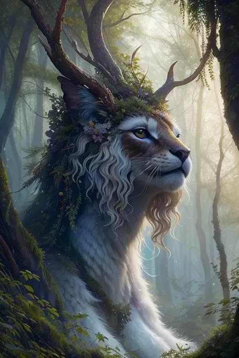 Produce a mesmerizing and magical fantasy creature, a wispy forest ...