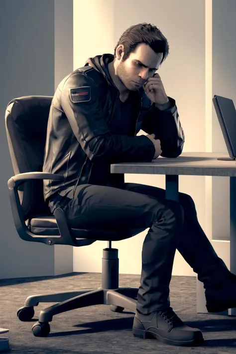 (RAW photo), <lora:GavinReed - Ace:0.7>, gavinreed, (sad:1.2), jacket, black shirt, jeans, sitting, 1boy, solo, table, office, c...